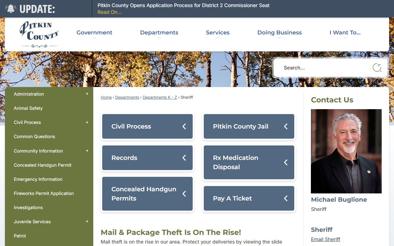 Pitkin County Sheriff's Office website showing law enforcement services