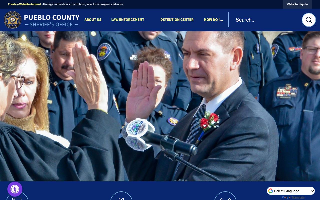 Pueblo County Sheriff's Office homepage showing services and contact information
