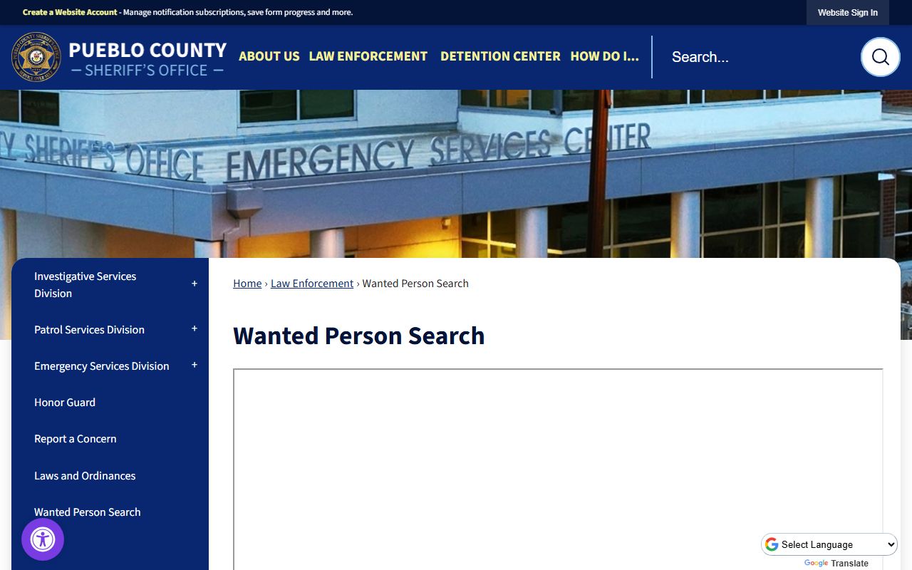 Pueblo County Sheriff wanted person search showing warrant lookup tool