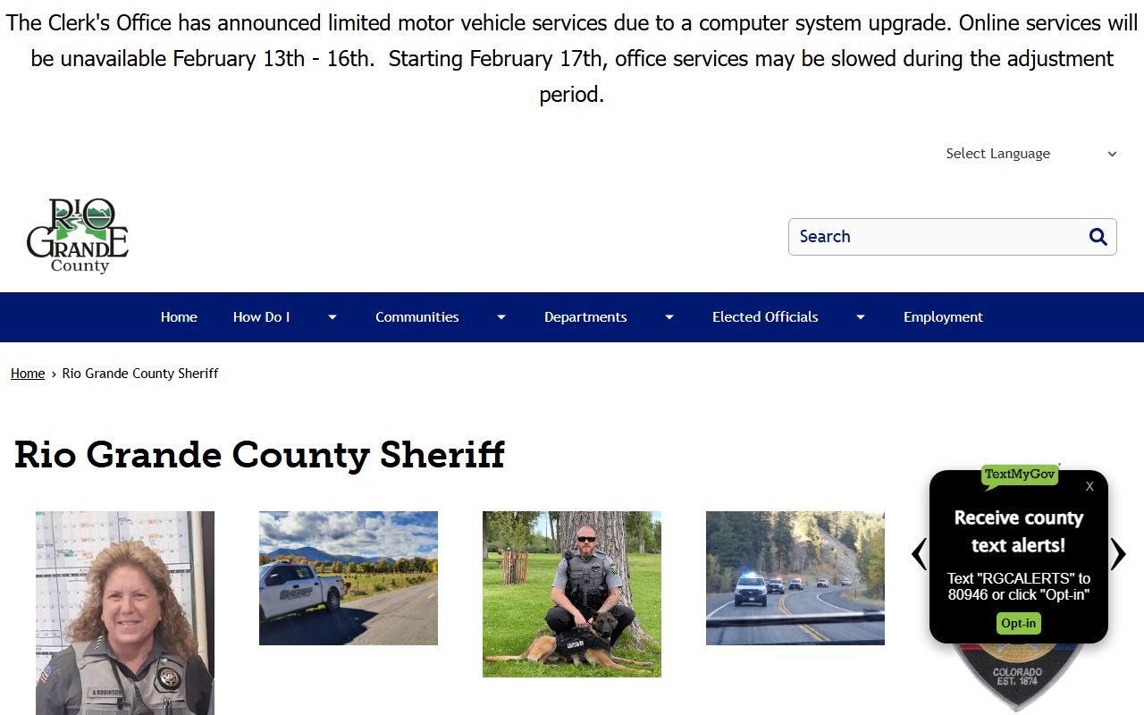 Rio Grande County Sheriff's Office website showing law enforcement services