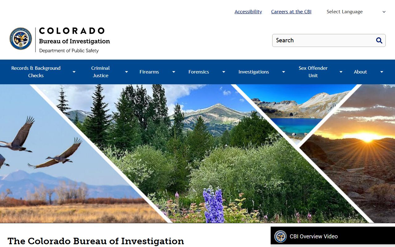 Colorado Bureau of Investigation homepage showing criminal justice resources