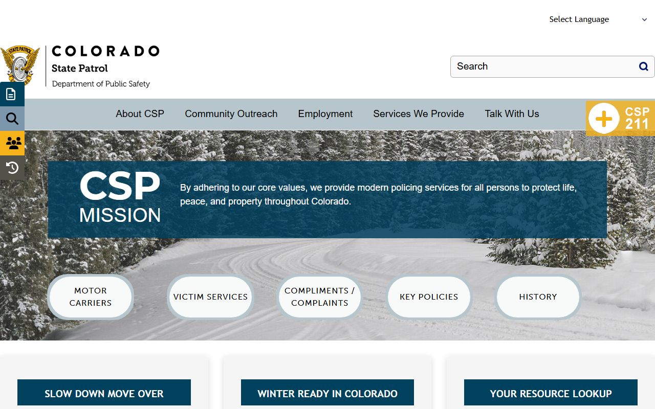 Colorado State Patrol official website showing law enforcement services