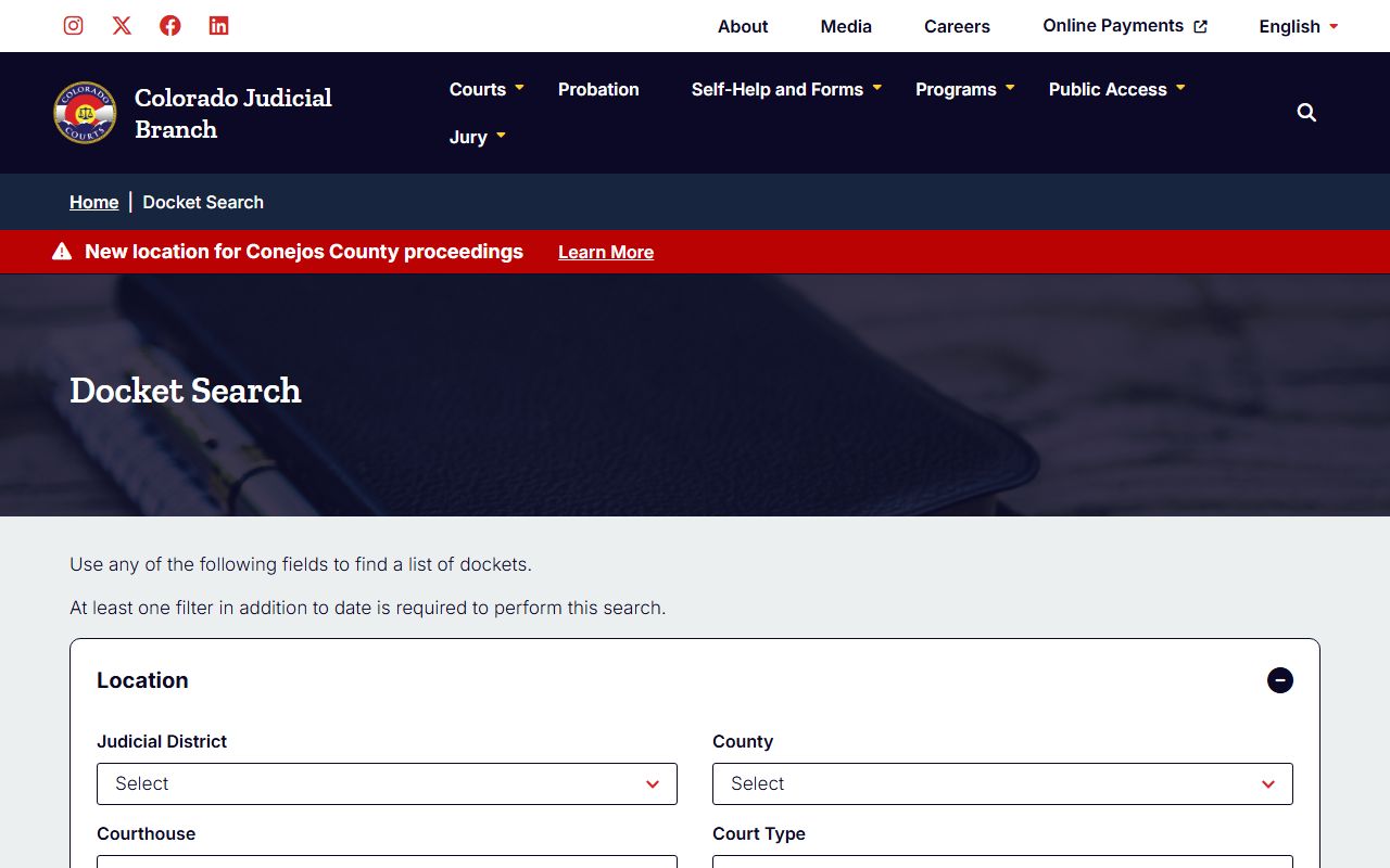 Colorado judicial branch docket search portal for court case information